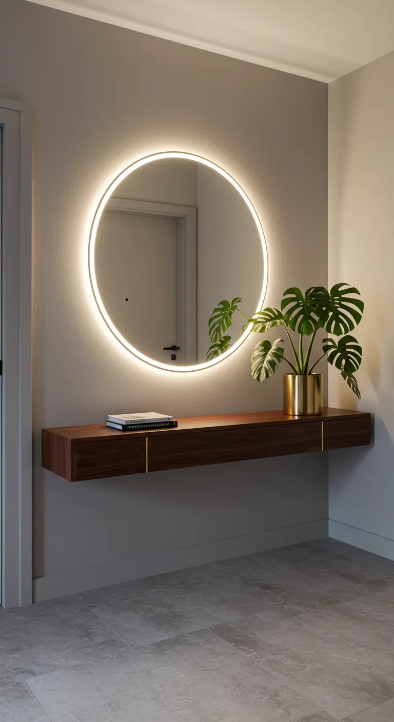 Espejo redondo retroiluminado sobre una balda flotante de madera con una planta en maceta dorada.