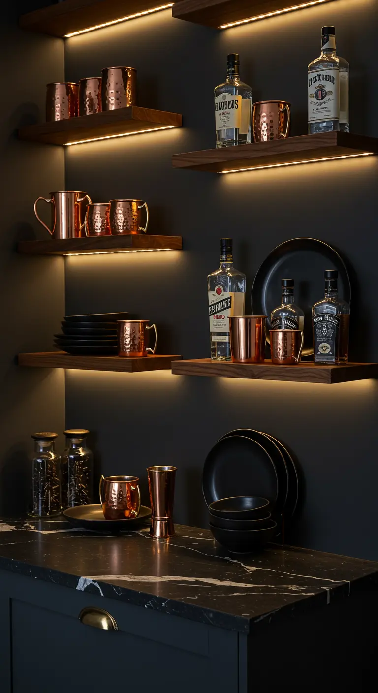 Estanterías de madera oscura en una cocina negra con tazas de cobre y platos negros, iluminadas con LED