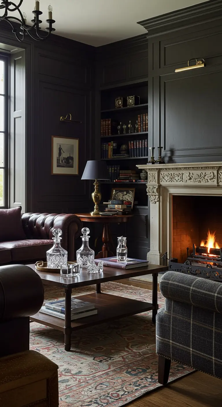 Sala de estar clásica con paredes de paneles grises oscuros, chimenea y sofás de cuero.