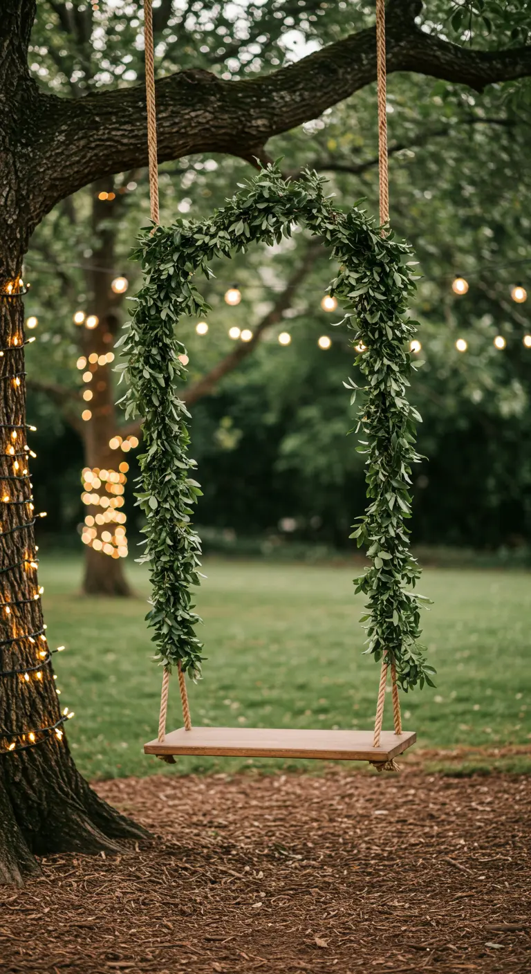 Columpio de madera colgando de un árbol, con las cuerdas decoradas con guirnaldas de hojas.