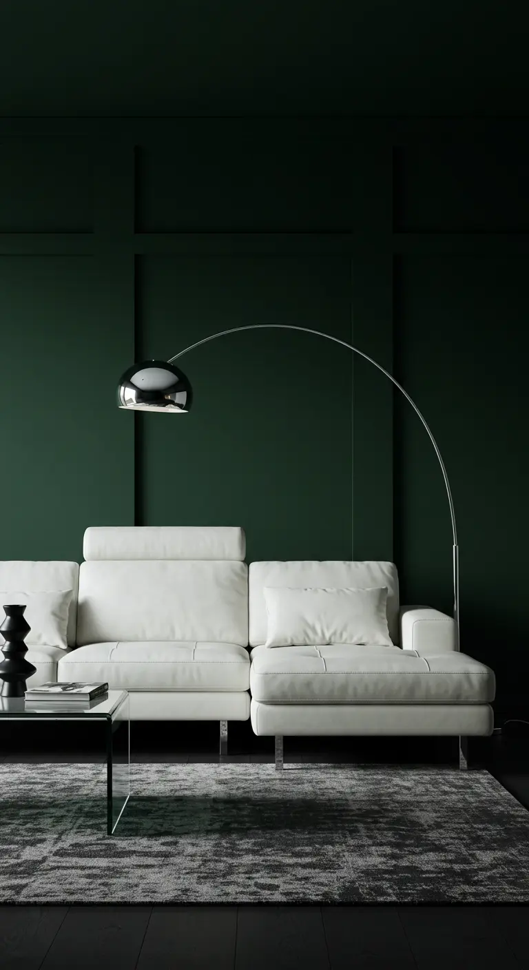 Sala con pared verde oscuro, sofá de cuero blanco y una gran lámpara de arco cromada.