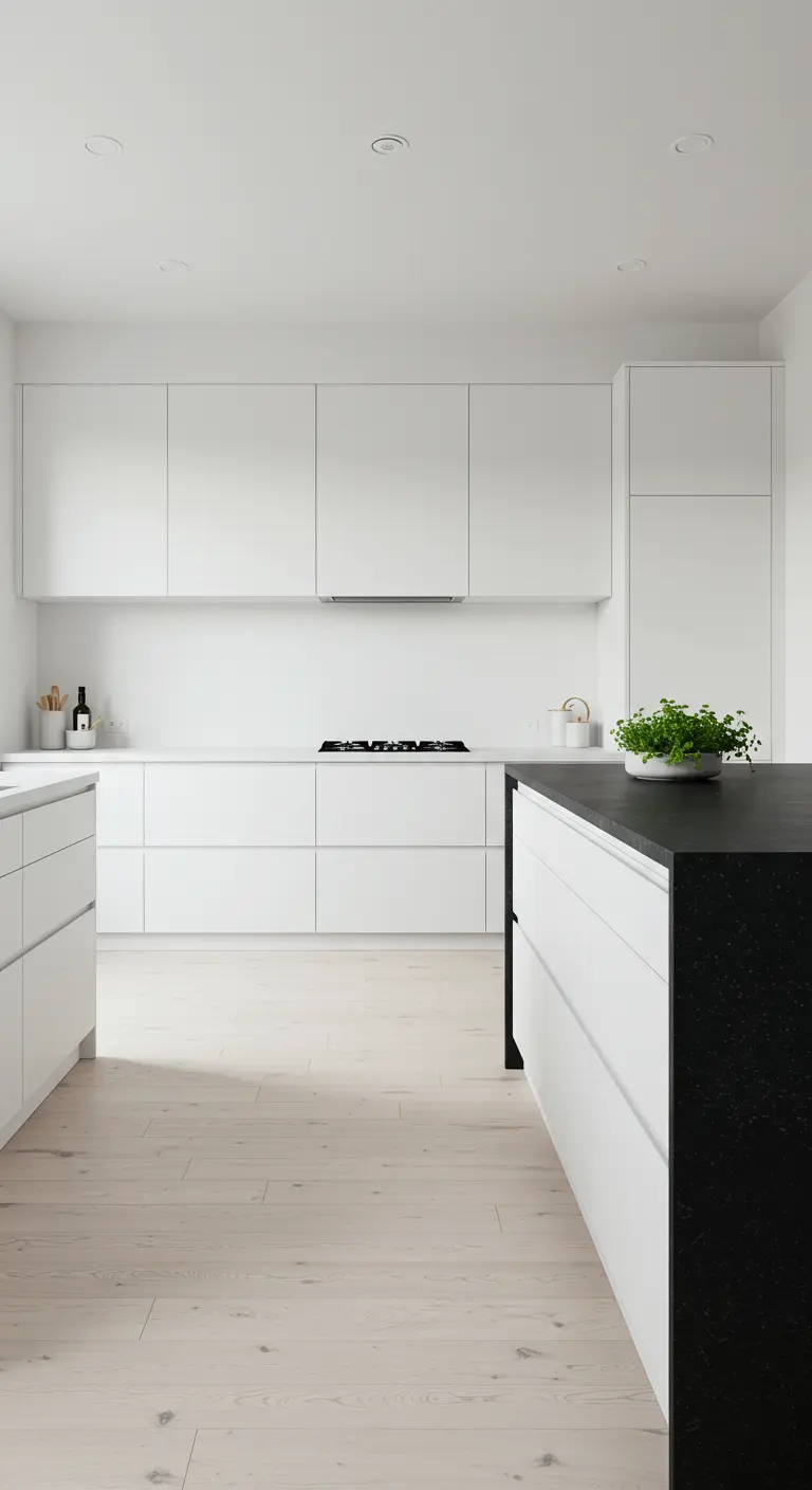 Cocina blanca minimalista con una isla de cocina completamente negra.
