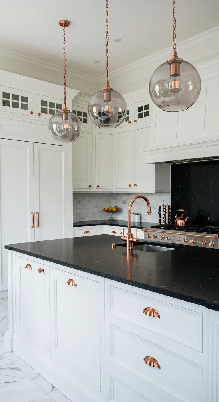 Cocina blanca con encimera negra, isla y grifería y tiradores de cobre