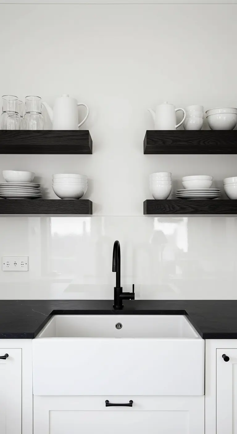 Estanterías flotantes negras y gruesas con vajilla blanca en una cocina minimalista en blanco y negro