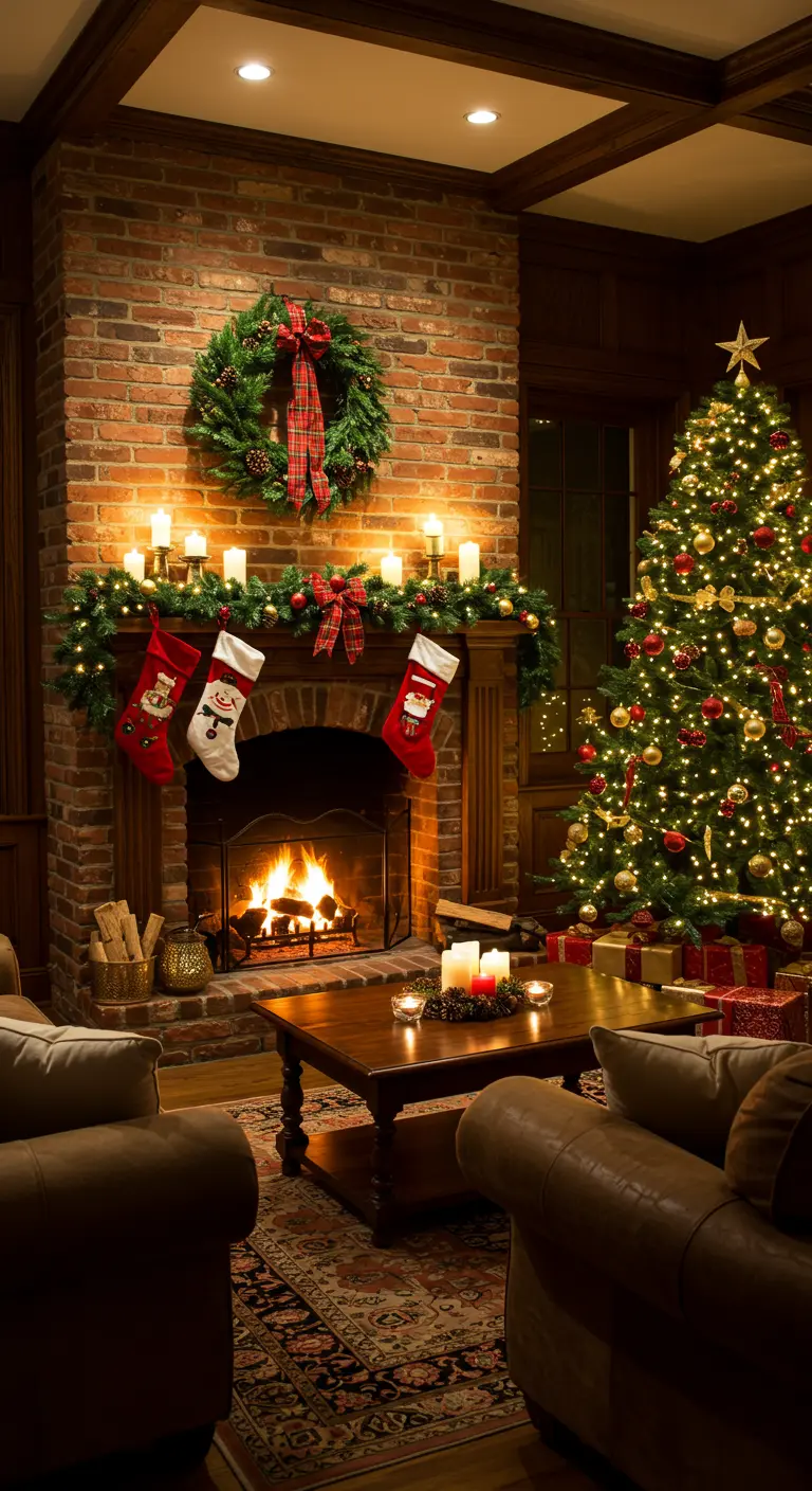 Chimenea de ladrillo decorada con corona, guirnalda, calcetines y un árbol de Navidad al lado.