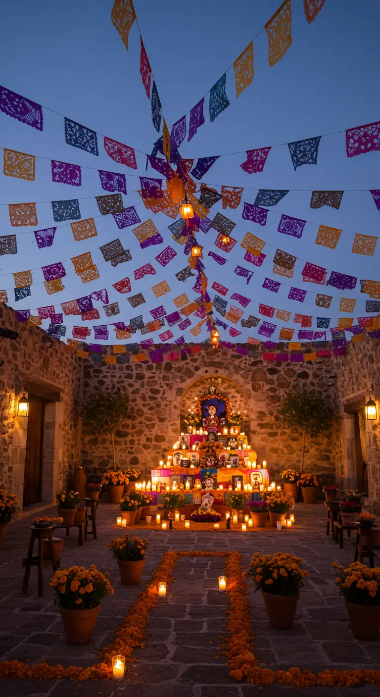 Altar del Día de Muertos en un patio de piedra con techo de papel picado.