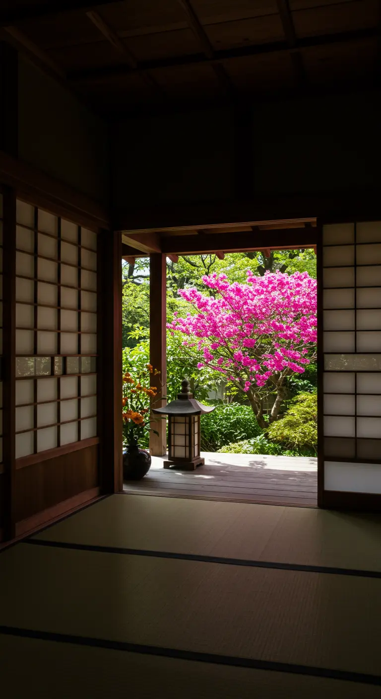 Vista desde una habitación japonesa a través de una puerta abierta hacia un jardín con una azalea rosa en flor.