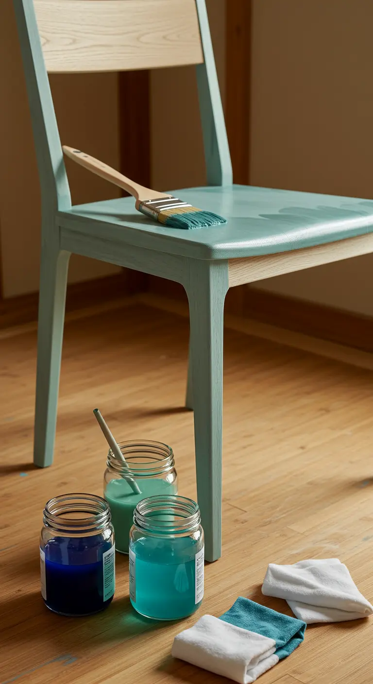 Silla de madera con el asiento y las patas pintadas en verde claro, dejando el respaldo al natural.