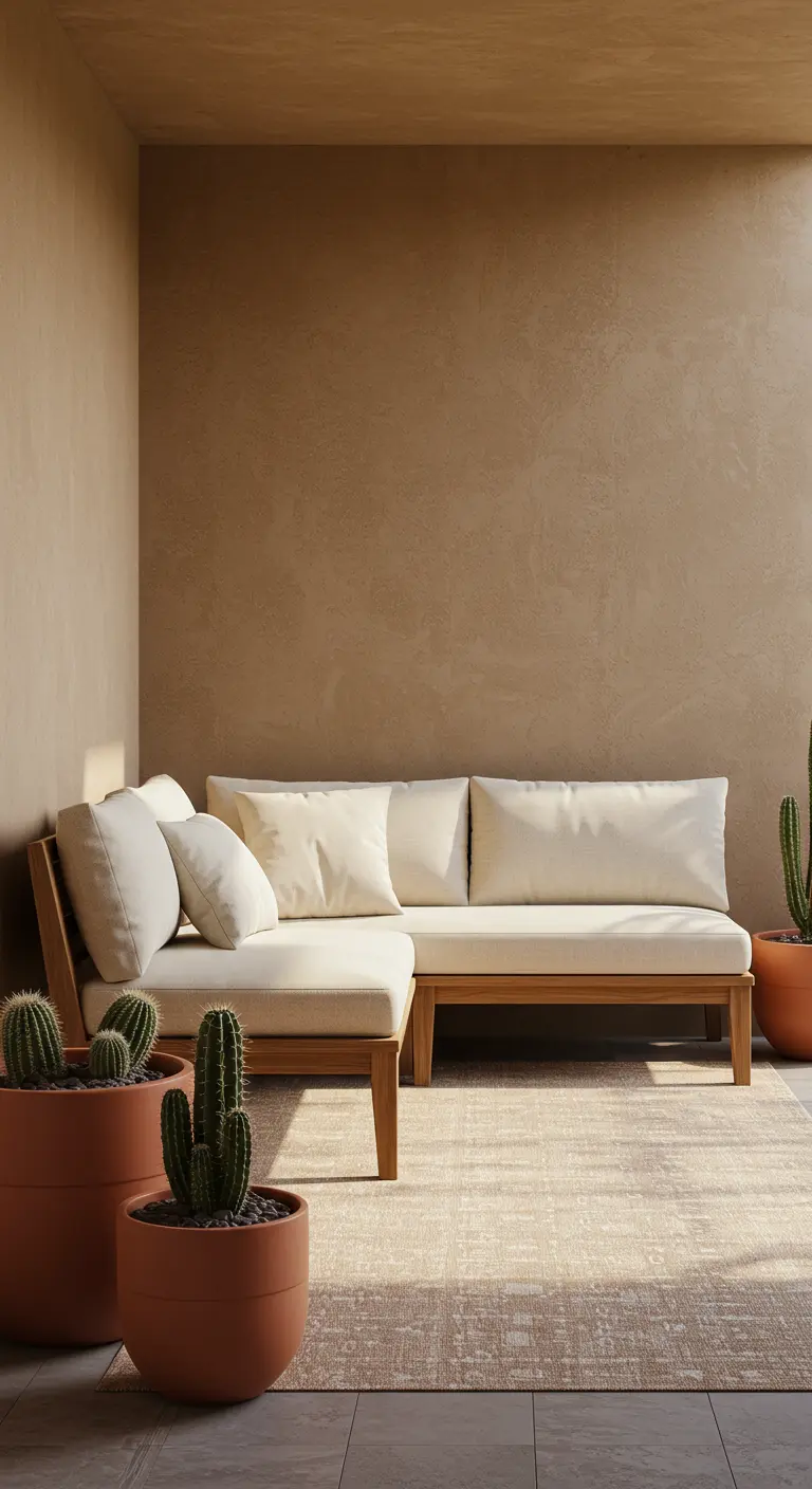 Rincón de terraza con paredes color tierra, un sofá de madera con cojines blancos y cactus