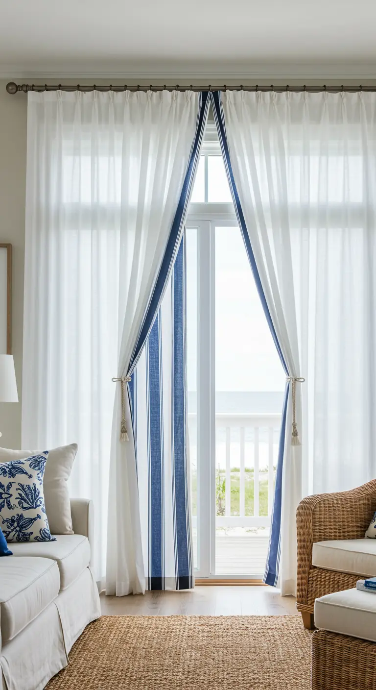 Cortinas blancas con un panel interior a rayas azules y blancas en una sala de estilo costero.