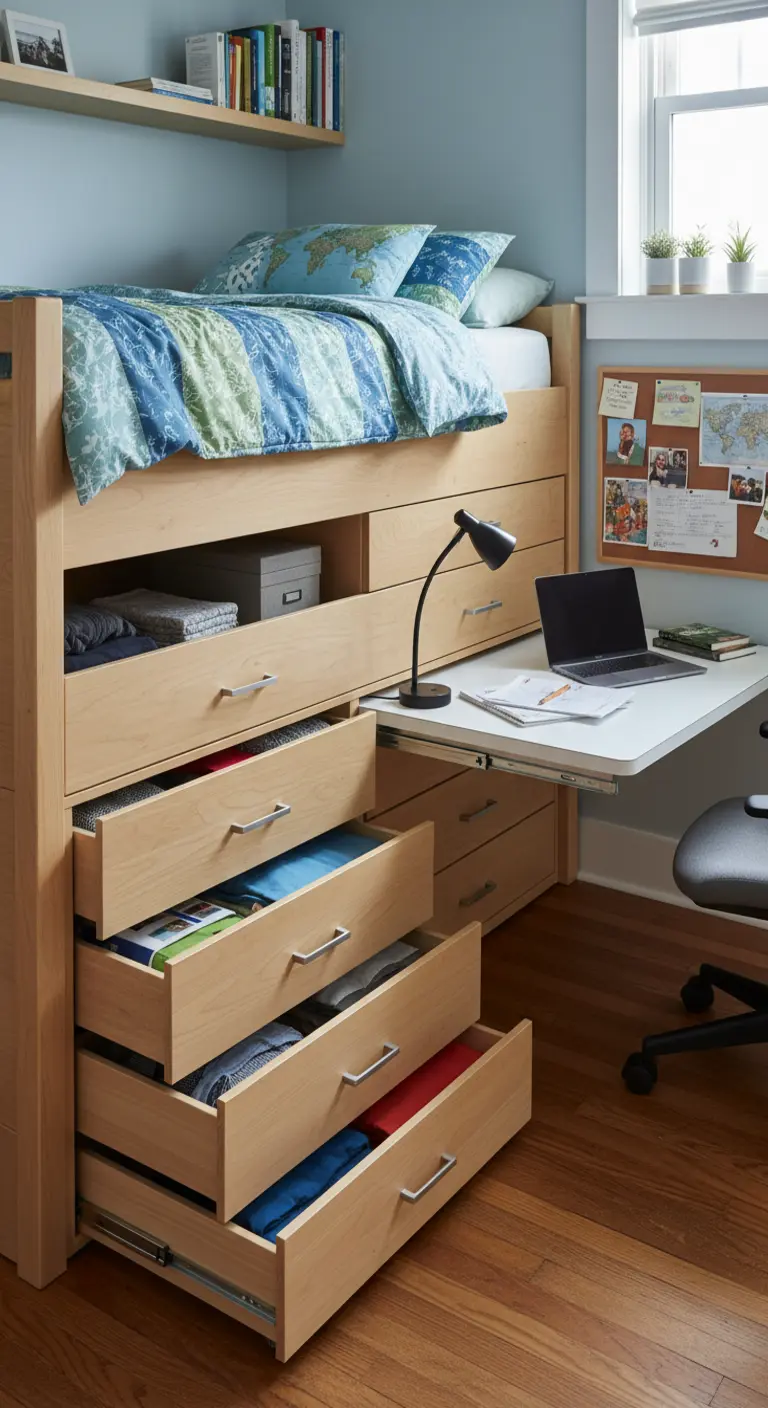 Cama alta de madera con múltiples cajones y un escritorio extraíble para portátil.