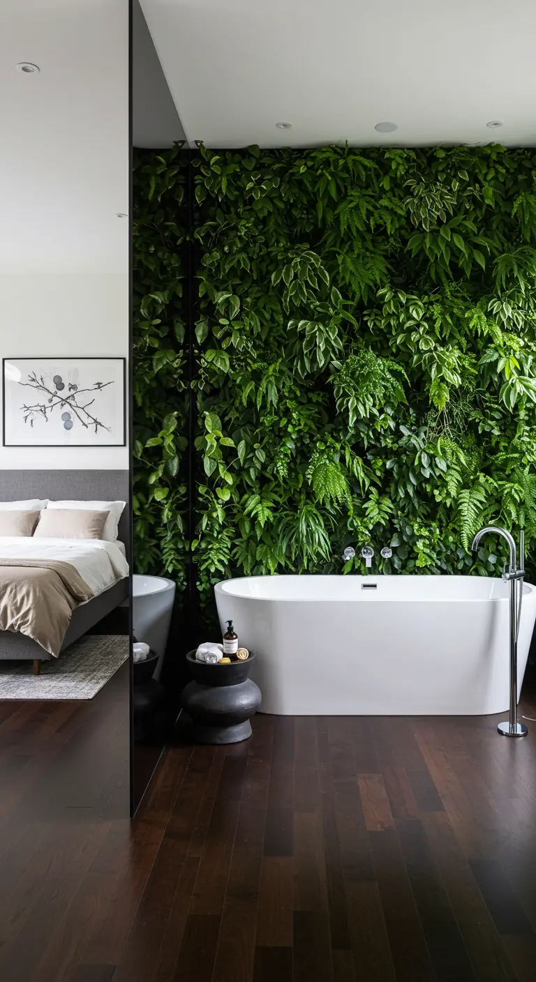 Baño en suite con pared de cristal y jardín vertical detrás de la bañera exenta.