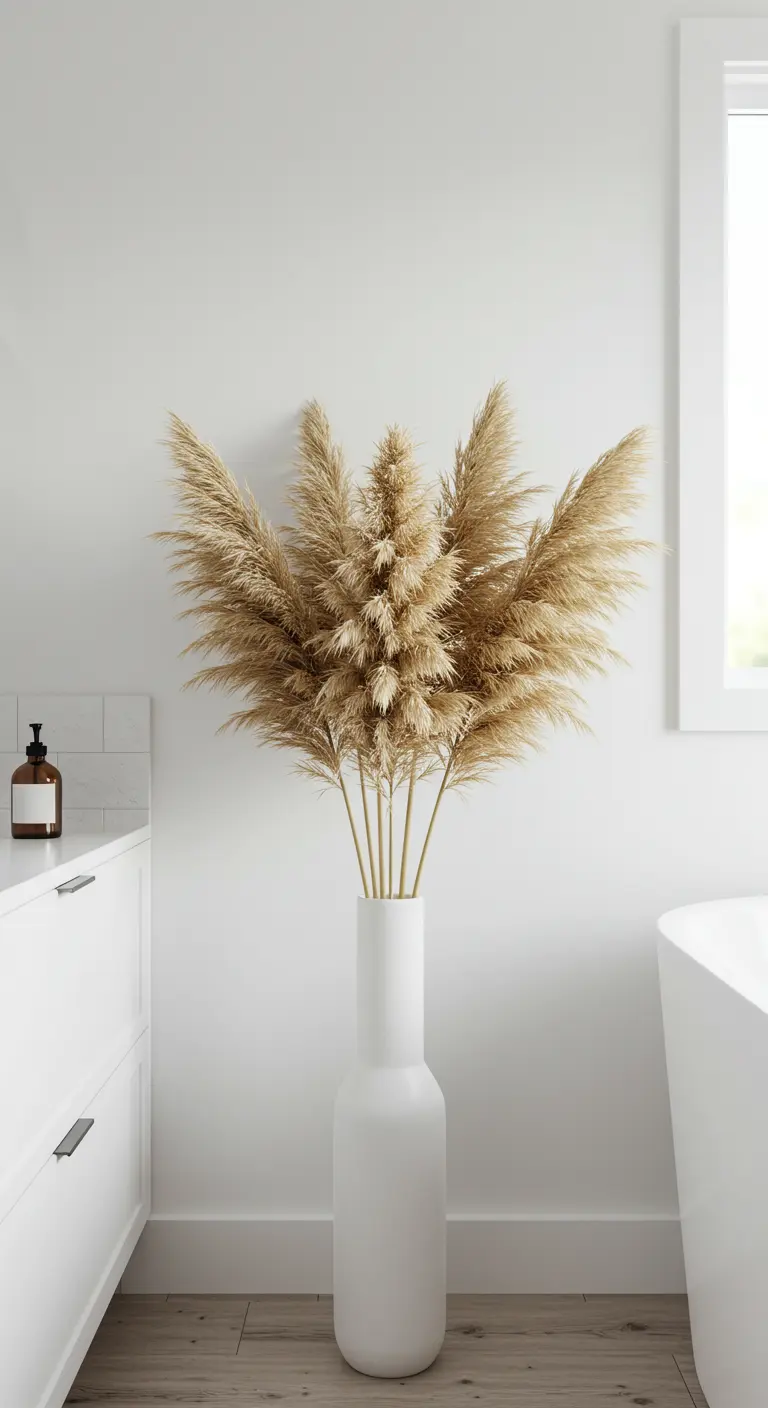 Jarrón blanco alto con un gran ramo de hierba de la pampa seca en un baño totalmente blanco.