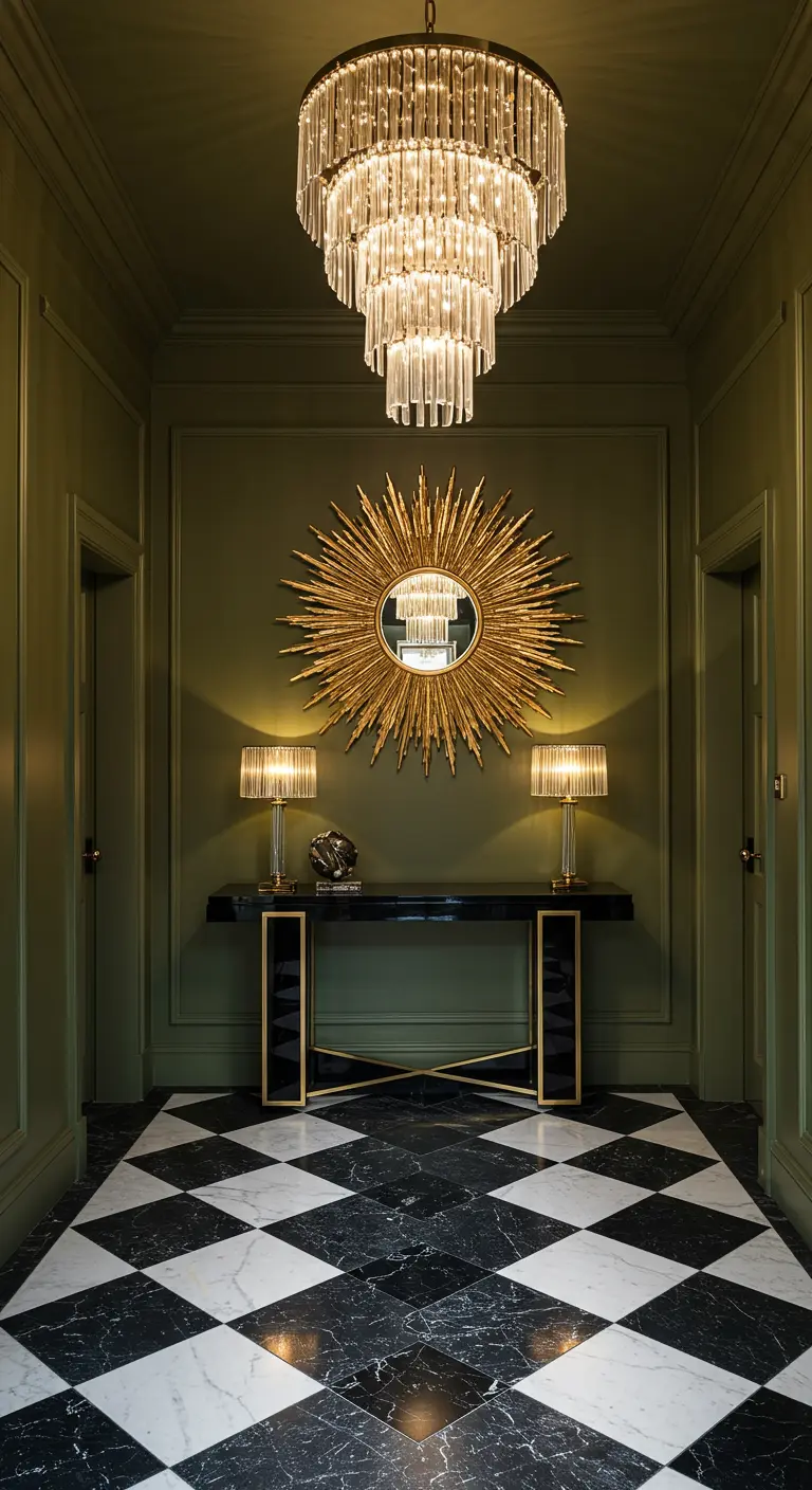 Recibidor verde olivo con candelabro de cristal y espejo sol dorado.