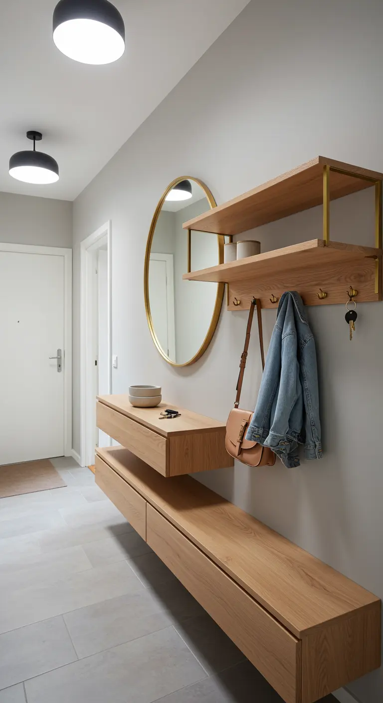 Recibidor moderno con consola flotante de madera, espejo redondo y estantería superior con ganchos.