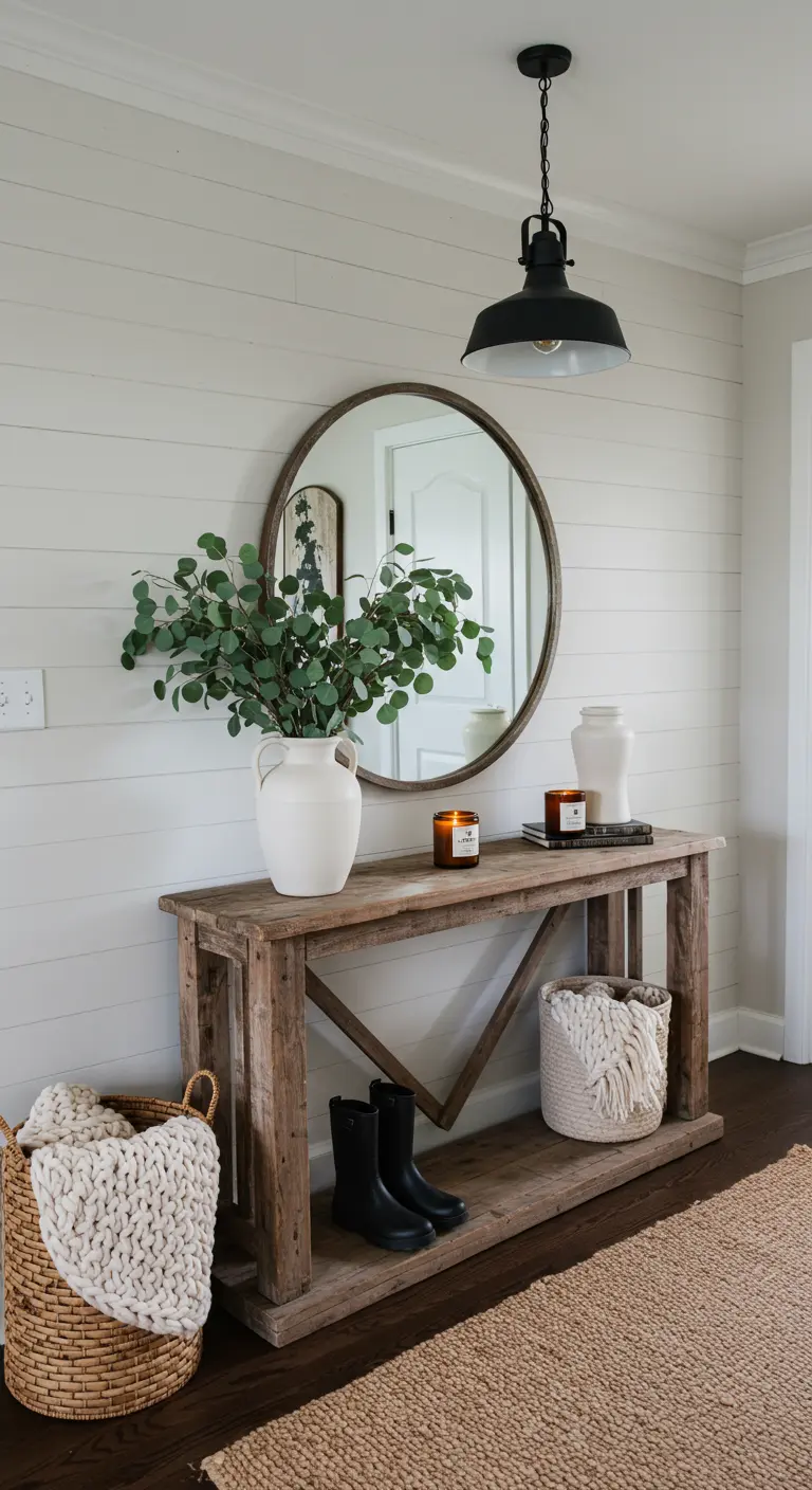 Recibidor rústico con consola de madera, espejo redondo, cestas de mimbre y jarrón con eucalipto.