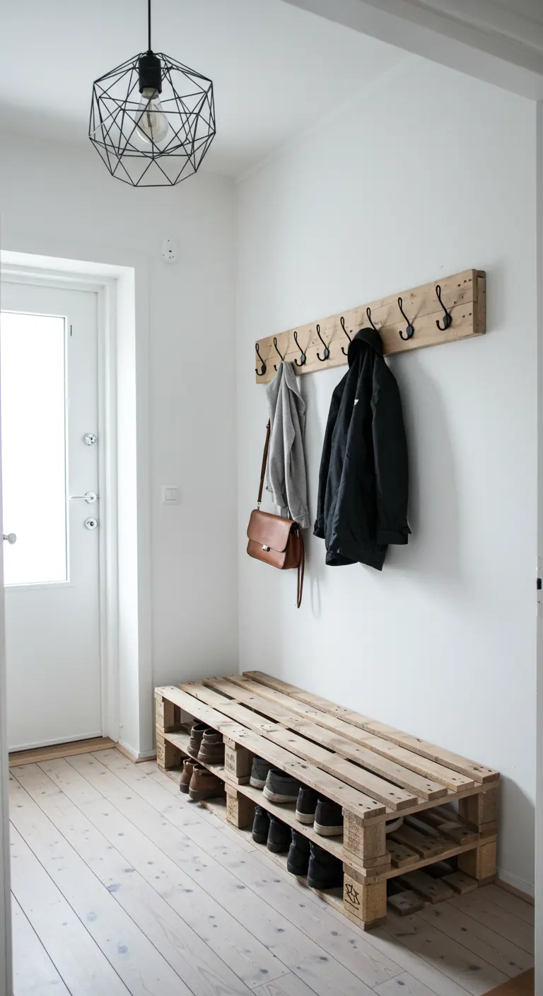 Zapatero de palet y perchero a juego en una entrada de estilo escandinavo minimalista.