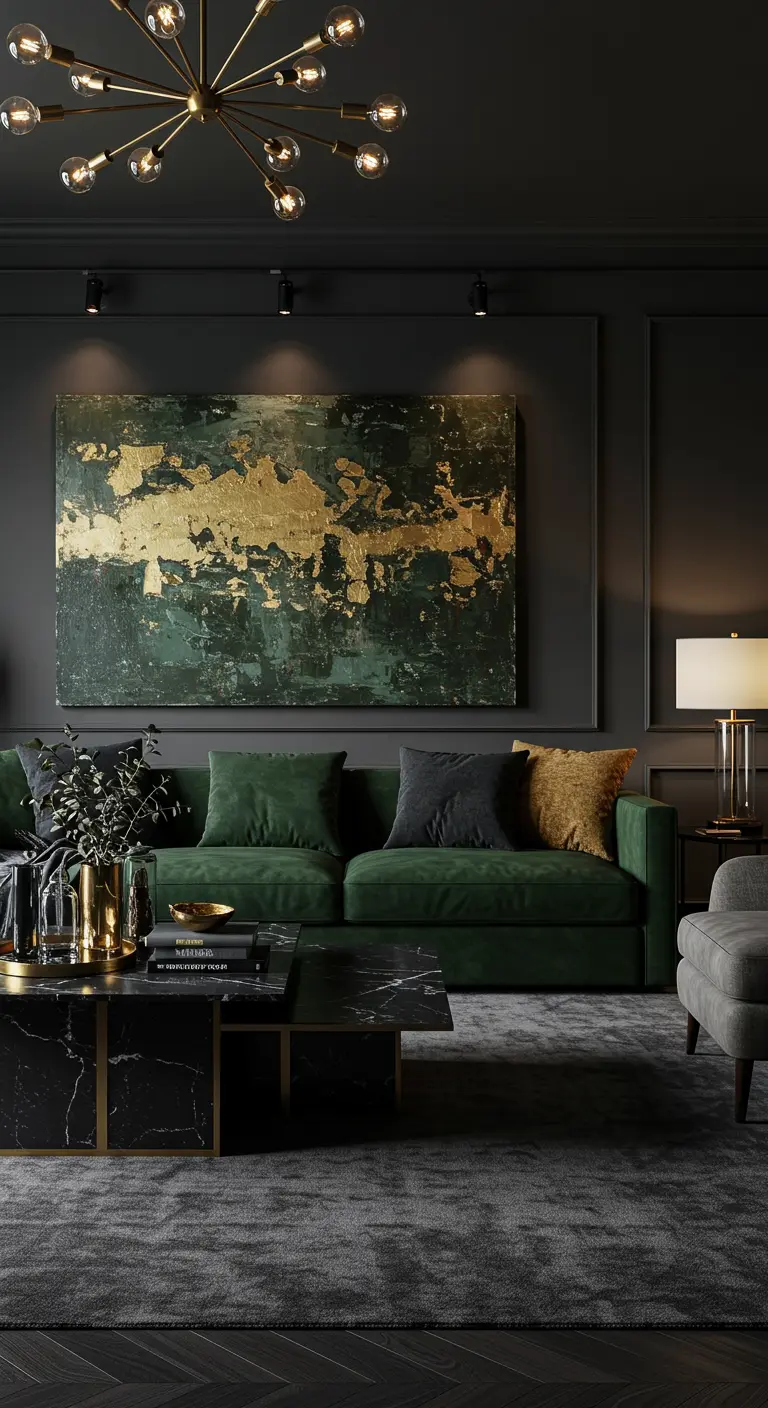 Sala oscura con sofá de terciopelo verde, paredes grises y un cuadro abstracto dorado.