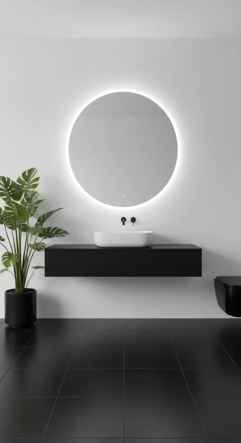 Baño minimalista en blanco y negro con espejo redondo retroiluminado y lavabo flotante negro.