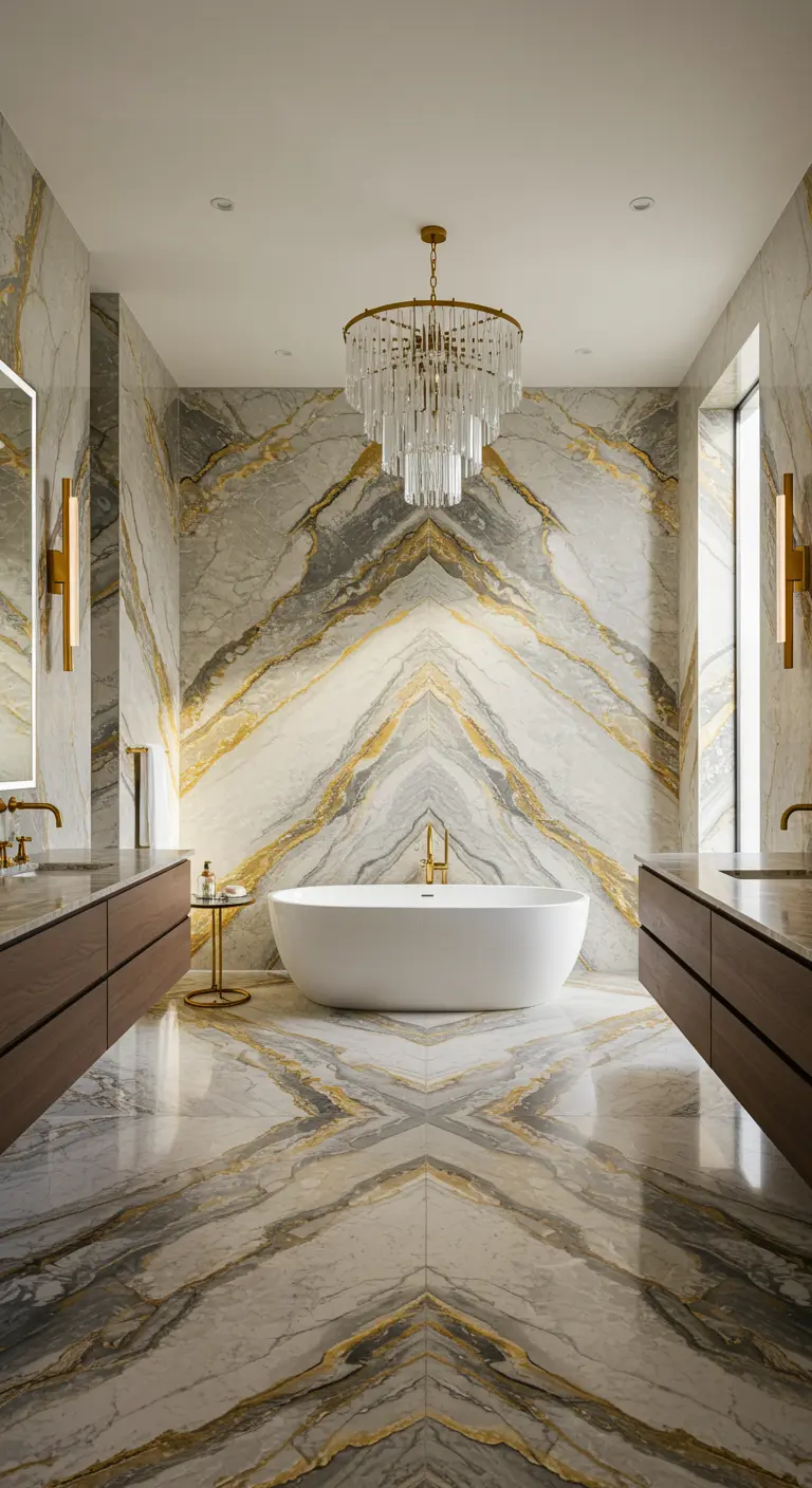 Baño de lujo con paredes y suelo de mármol veteado en dorado y gris, en simetría especular.