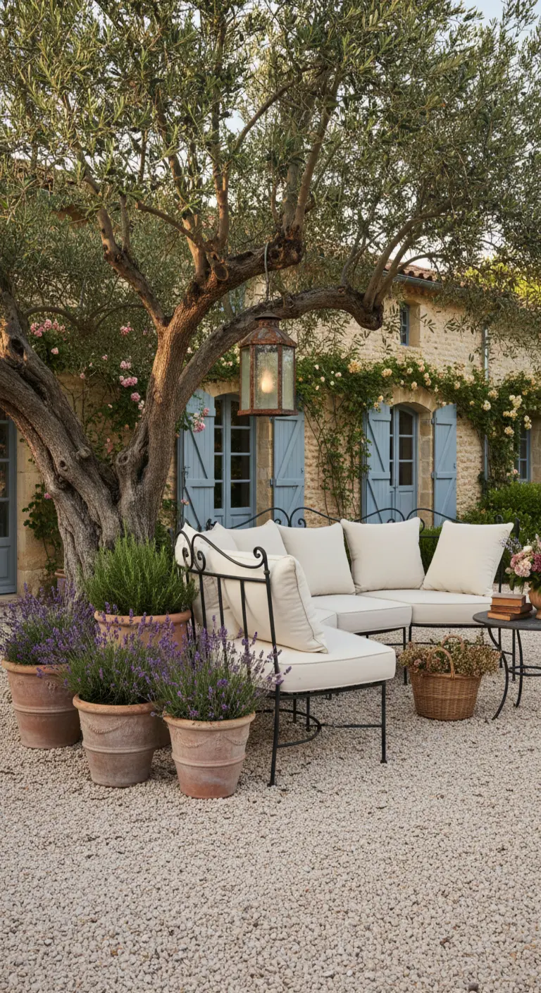Jardín de estilo provenzal con muebles de forja, macetas de lavanda y un farol antiguo en un olivo