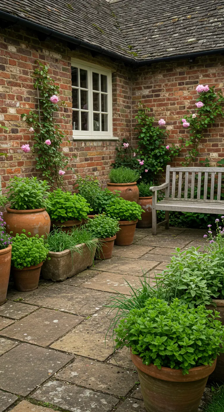 Patio de ladrillo estilo cottage con un banco de madera y una colección de macetas de terracota.