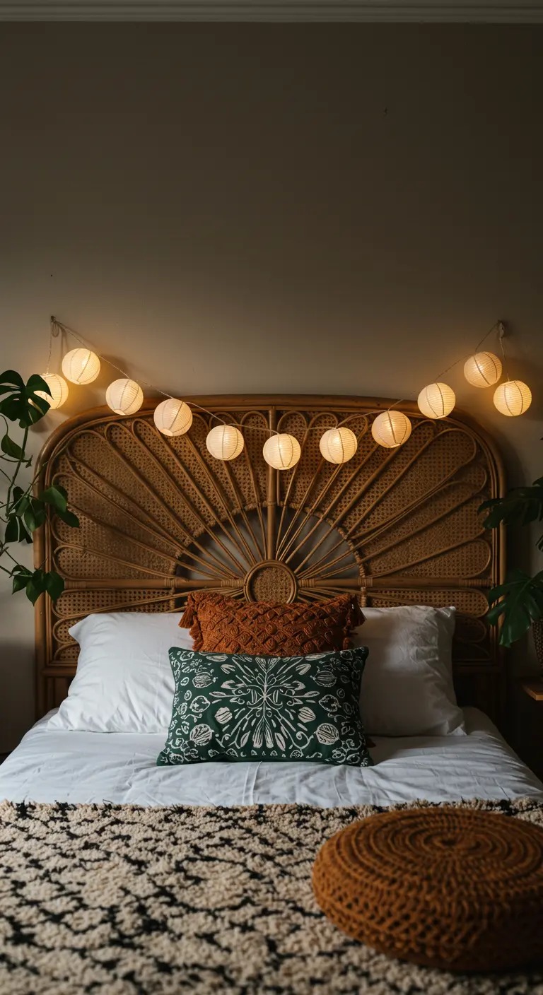 Cabecero de ratán en forma de sol decorado con una guirnalda de luces de bola en un dormitorio boho.