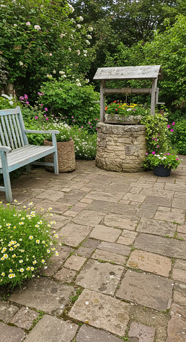 Patio de estilo rústico con un pozo de piedra convertido en macetero y un banco de madera azul claro.