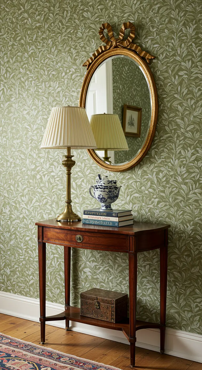 Recibidor estilo campiña inglesa con papel pintado de hojas y espejo dorado.
