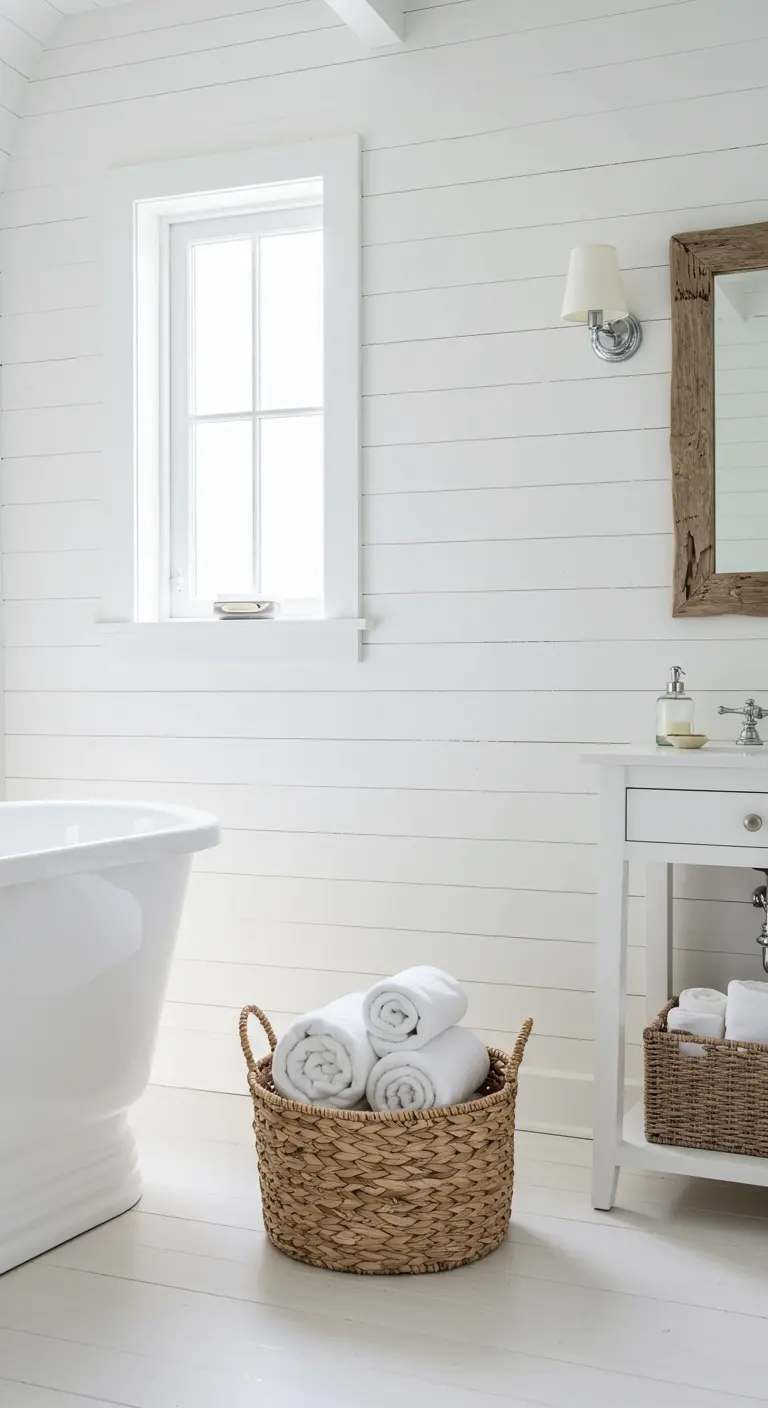 Baño blanco de estilo rústico con paredes de lamas, cesta de mimbre con toallas y espejo con marco de madera.