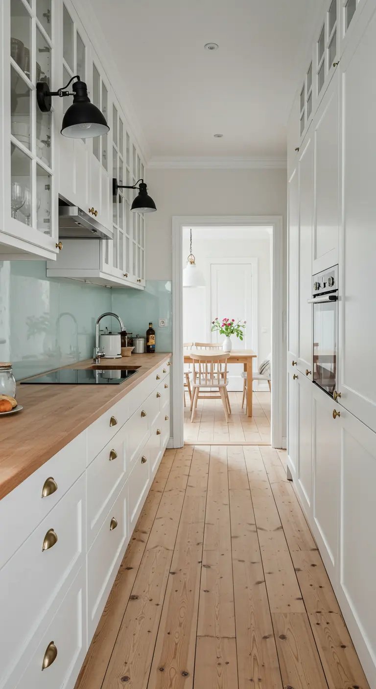 Cocina blanca alargada con encimera de madera y herrajes dorados.