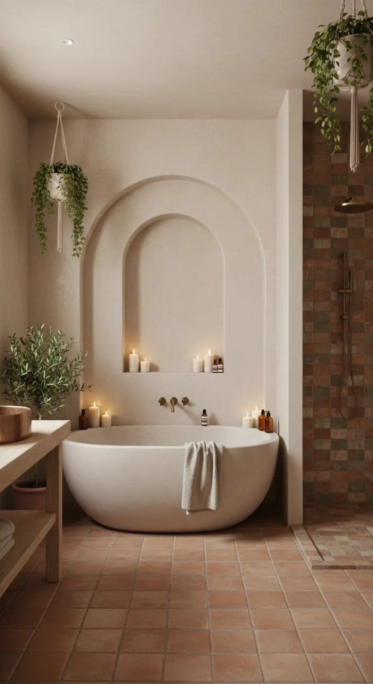 Baño de estilo mediterráneo con paredes de microcemento, suelo de terracota y nicho en arco