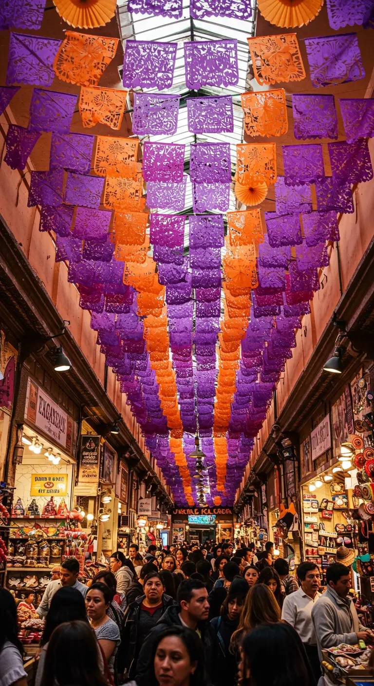 Pasillo de un mercado cubierto con un denso techo de papel picado morado y naranja.