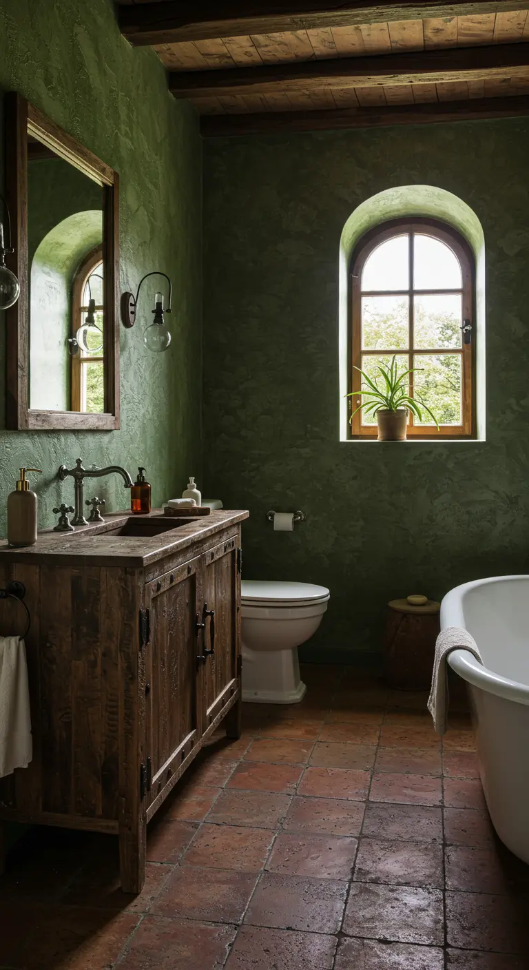 Baño rústico con paredes de estuco verde, suelo de terracota y mueble de madera.