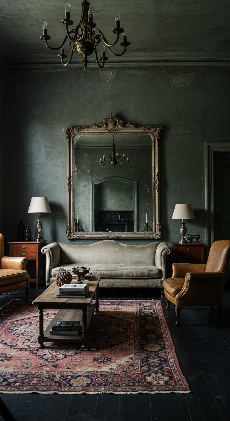 Sala de estar vintage con paredes desgastadas oscuras y un gran espejo antiguo.