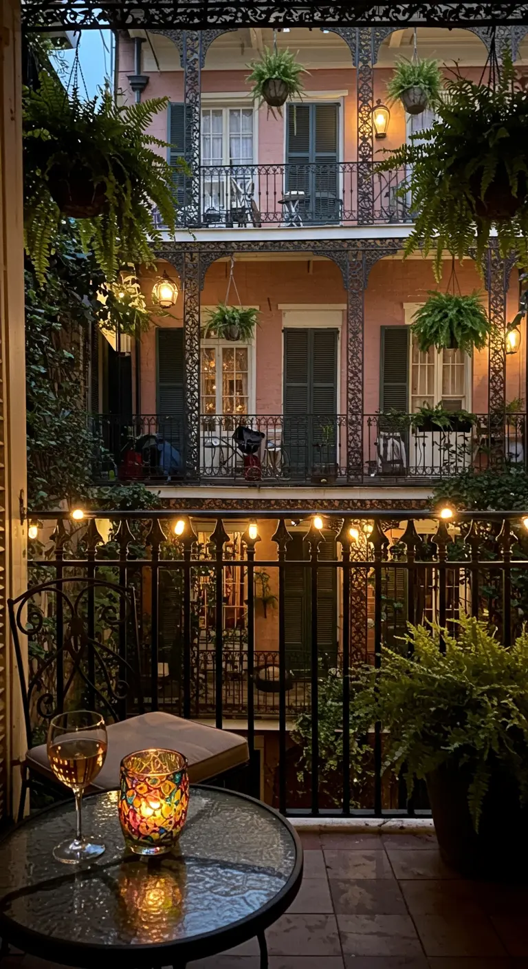 Balcón con barandilla de hierro forjado, plantas colgantes, luces y una vela de mosaico.