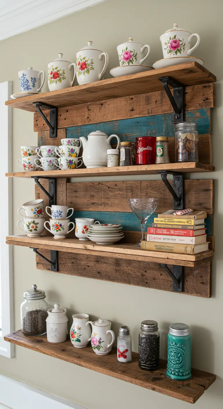 Estanterías hechas con madera reciclada y soportes negros, mostrando una colección de tazas de té vintage