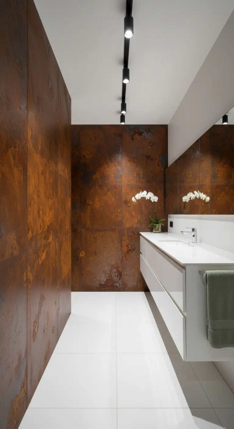 Baño minimalista con una pared de acero corten oxidado y un mueble de lavabo blanco flotante.