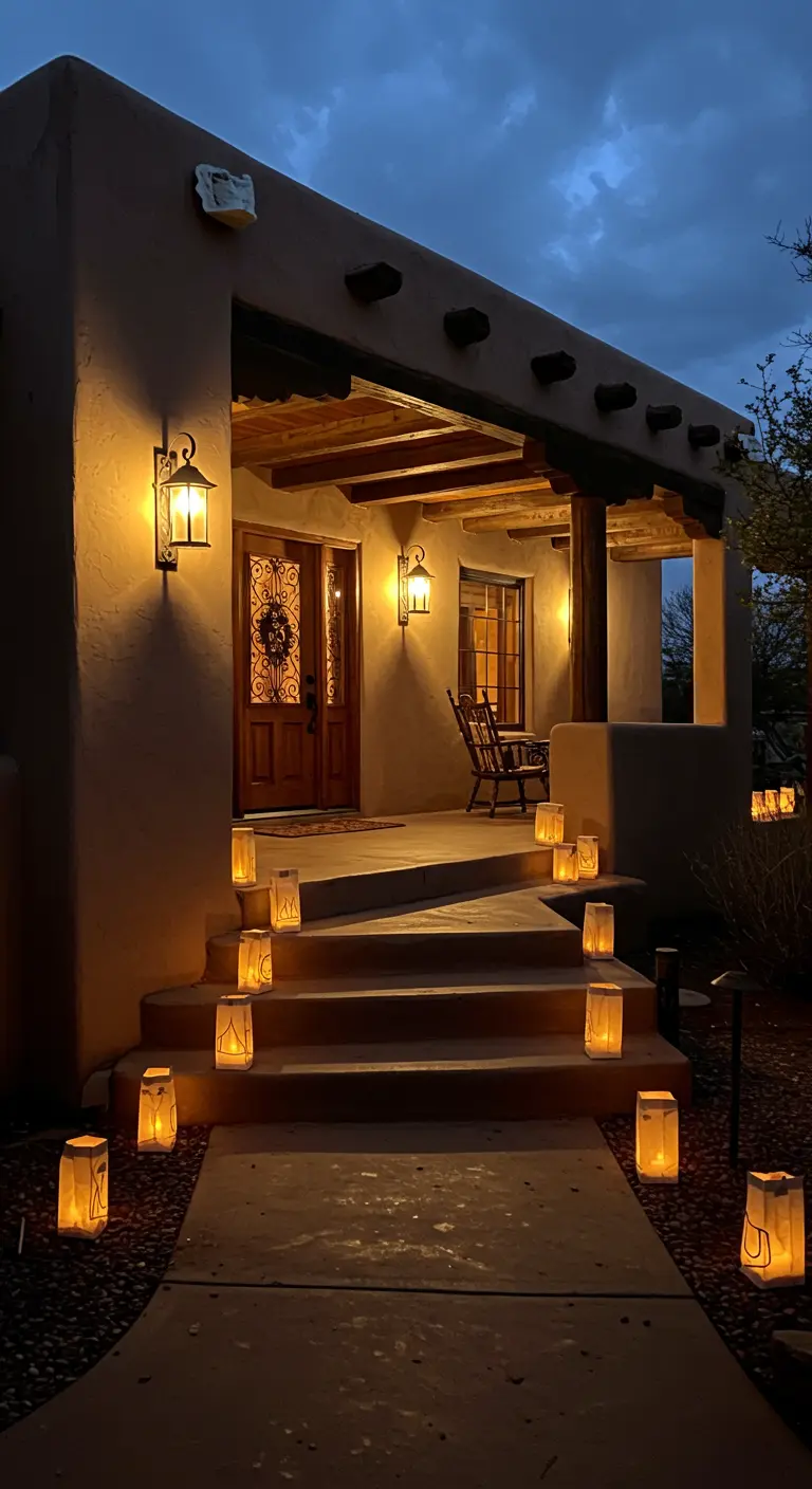 Porche de estilo adobe con farolillos de papel iluminando el camino de entrada.