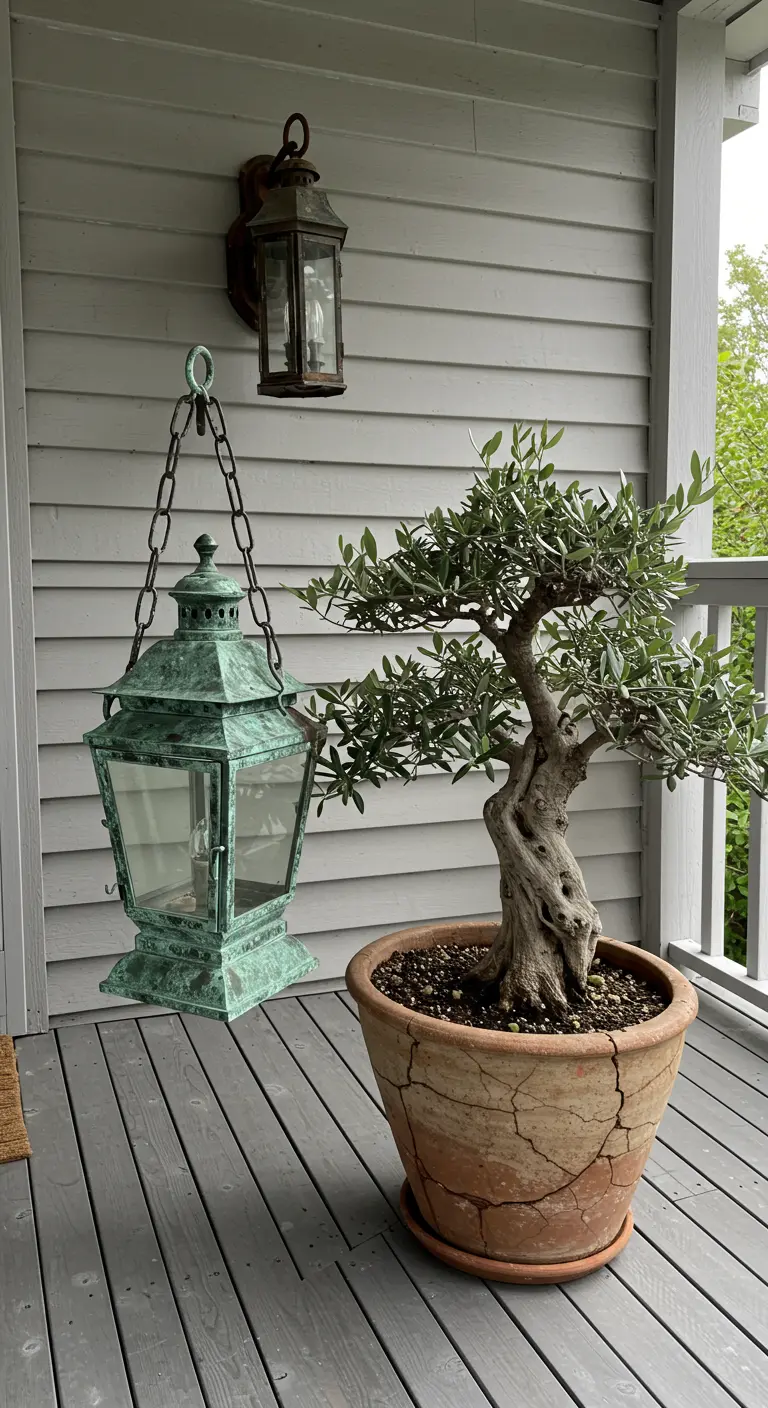 Porche gris con una gran linterna de cobre envejecido y un bonsái de olivo en una maceta de terracota.