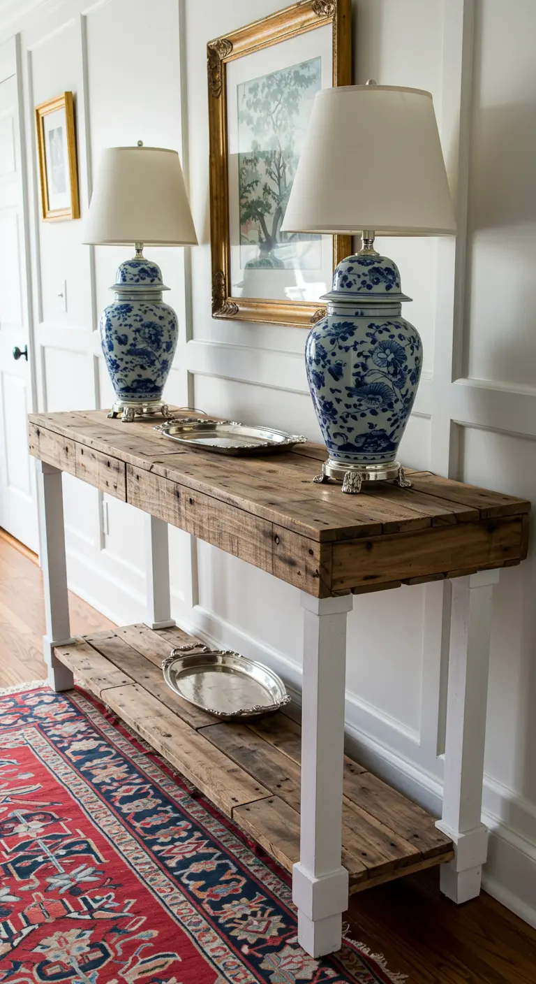 Mesa consola de estilo farmhouse con sobre de madera de palet y patas blancas.