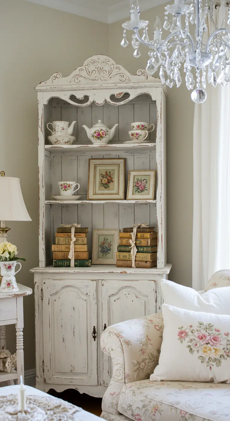 Alacena vintage blanca de estilo shabby chic exhibiendo porcelana y libros antiguos.