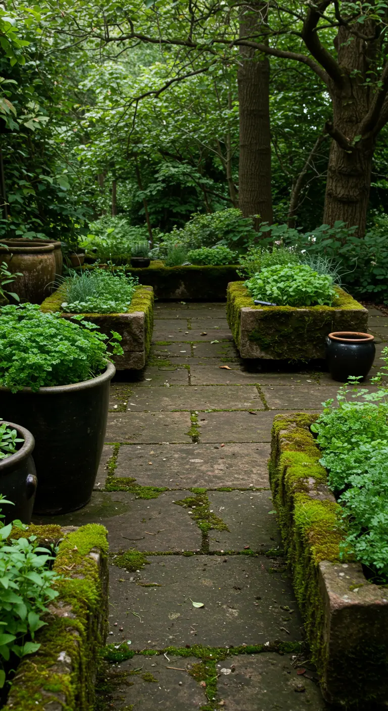 Jardín sombrío con antiguos maceteros de piedra cubiertos de musgo y llenos de perejil.