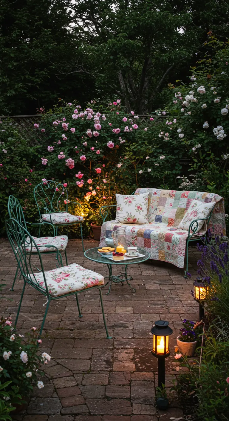 Rincón de jardín con muebles de forja verde, cojines florales y una colcha de patchwork sobre el banco.
