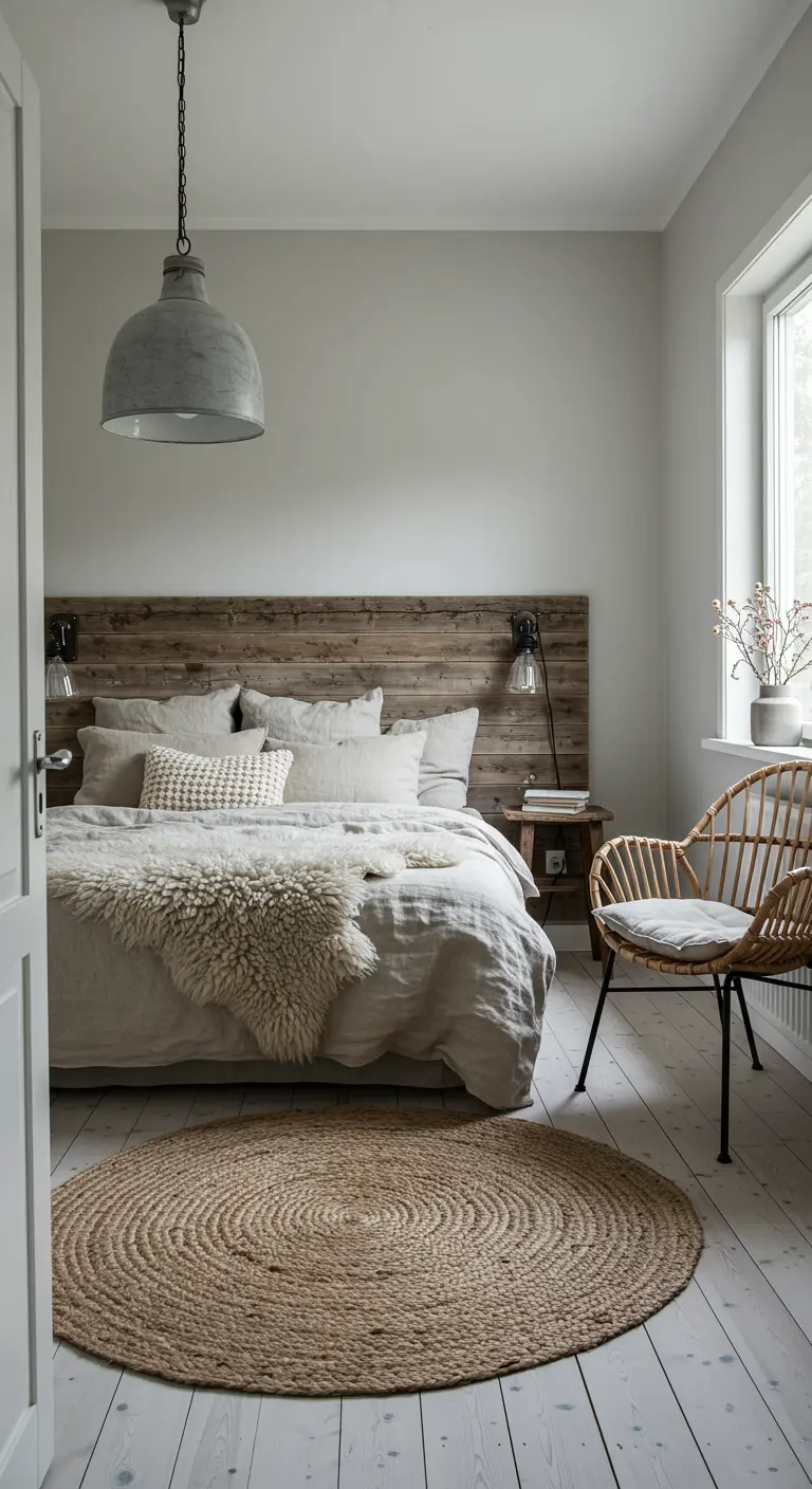 Dormitorio nórdico rústico con cabecero de madera reciclada, alfombra de yute y silla de ratán