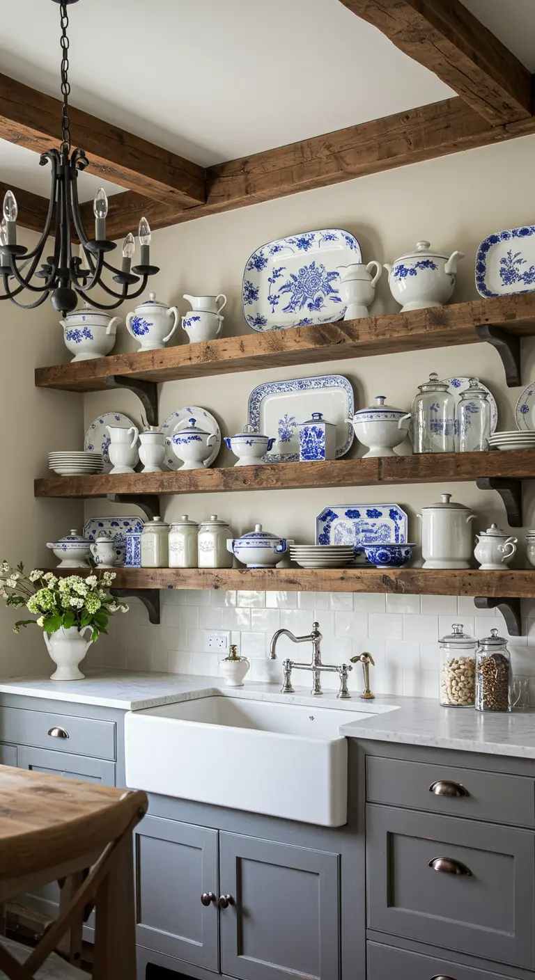 Estantes de madera rústica con vajilla de porcelana azul y blanca sobre un fregadero de granja.