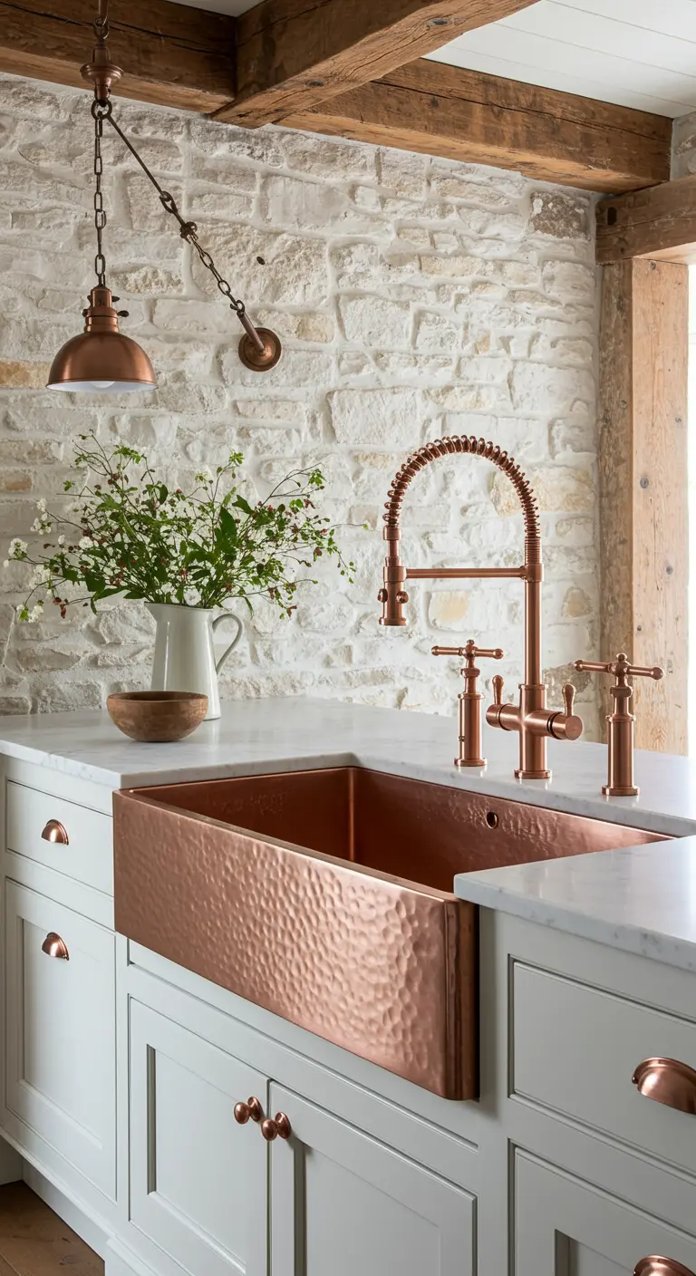 Fregadero de cobre martillado en una cocina rústica con pared de piedra y armarios blancos
