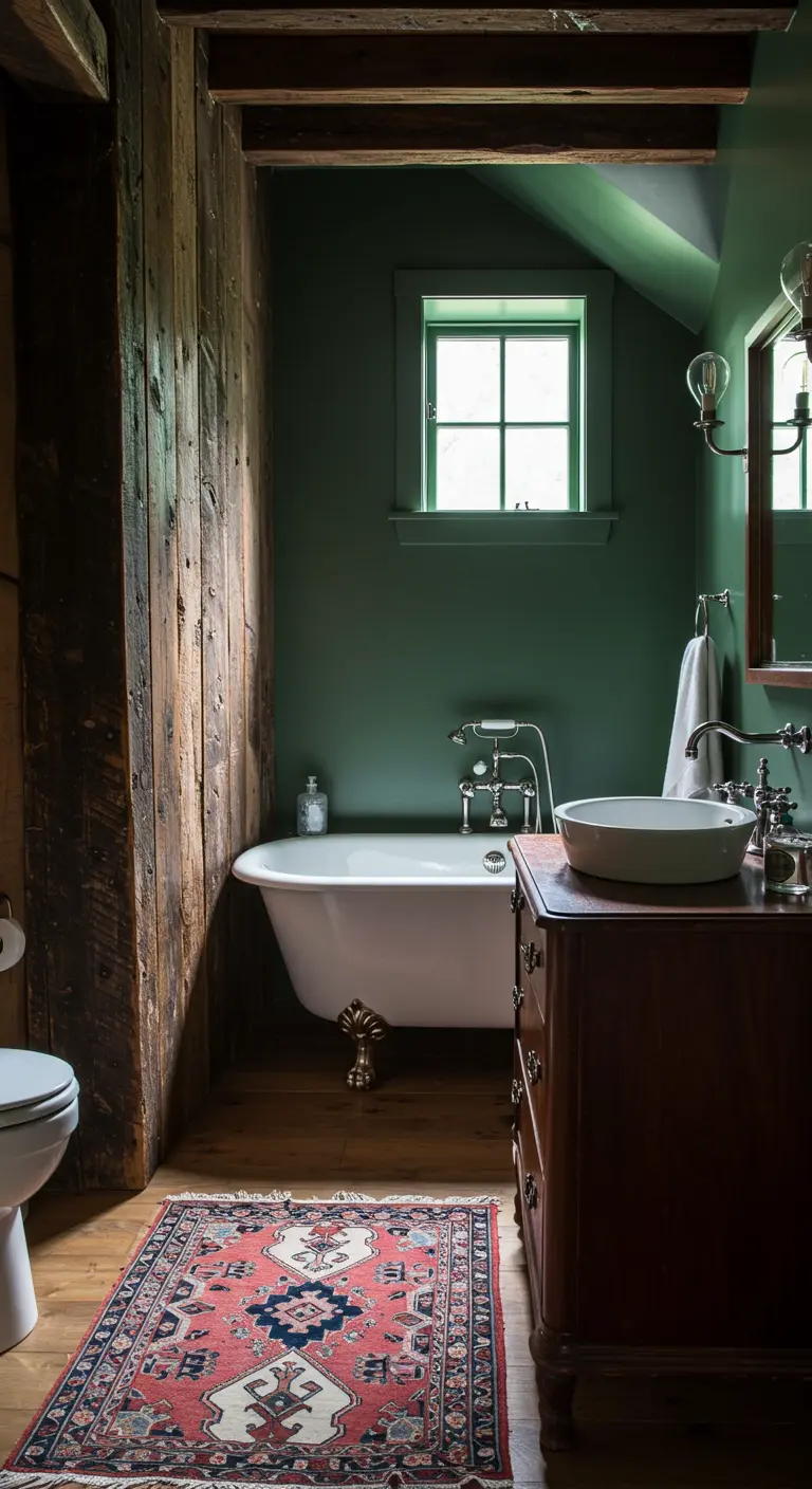 Baño rústico con paredes verdes, bañera con patas, mueble de madera antiguo y alfombra étnica.