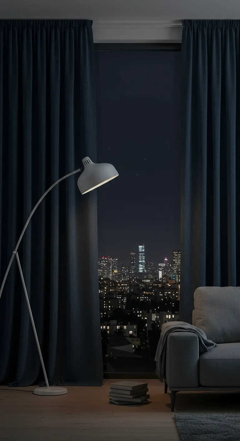 Cortinas oscuras enmarcando una gran ventana con vistas a la ciudad por la noche.