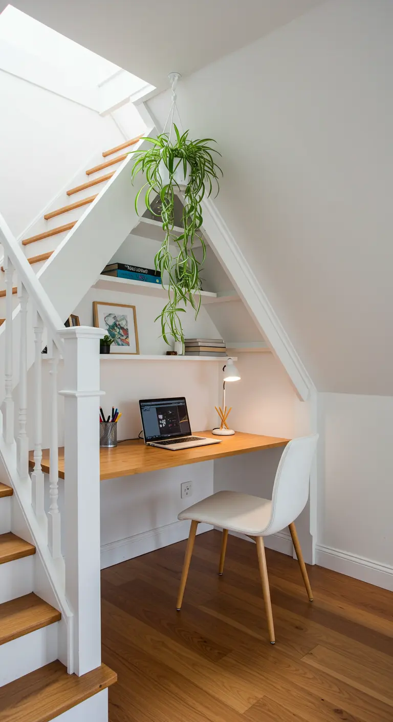 Pequeña oficina instalada en el hueco debajo de una escalera, con escritorio de madera y planta colgante.